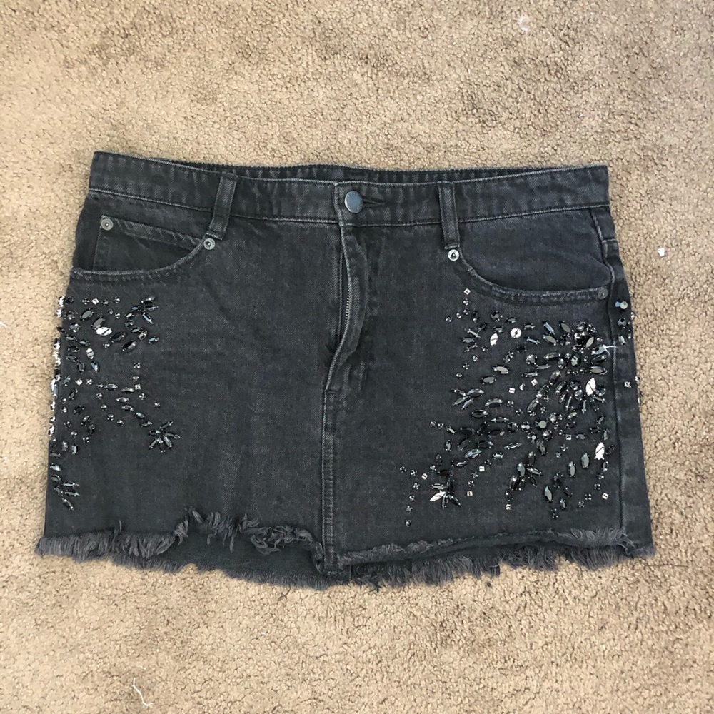 Black Mini Jean Skirt with Black Gems
